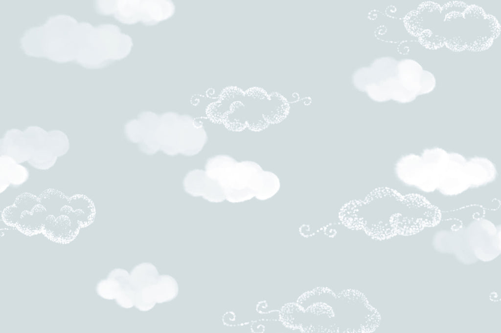 Flat pattern view of The Drifting Cloud wallpaper in pale sky blue, showing the watercolour clouds