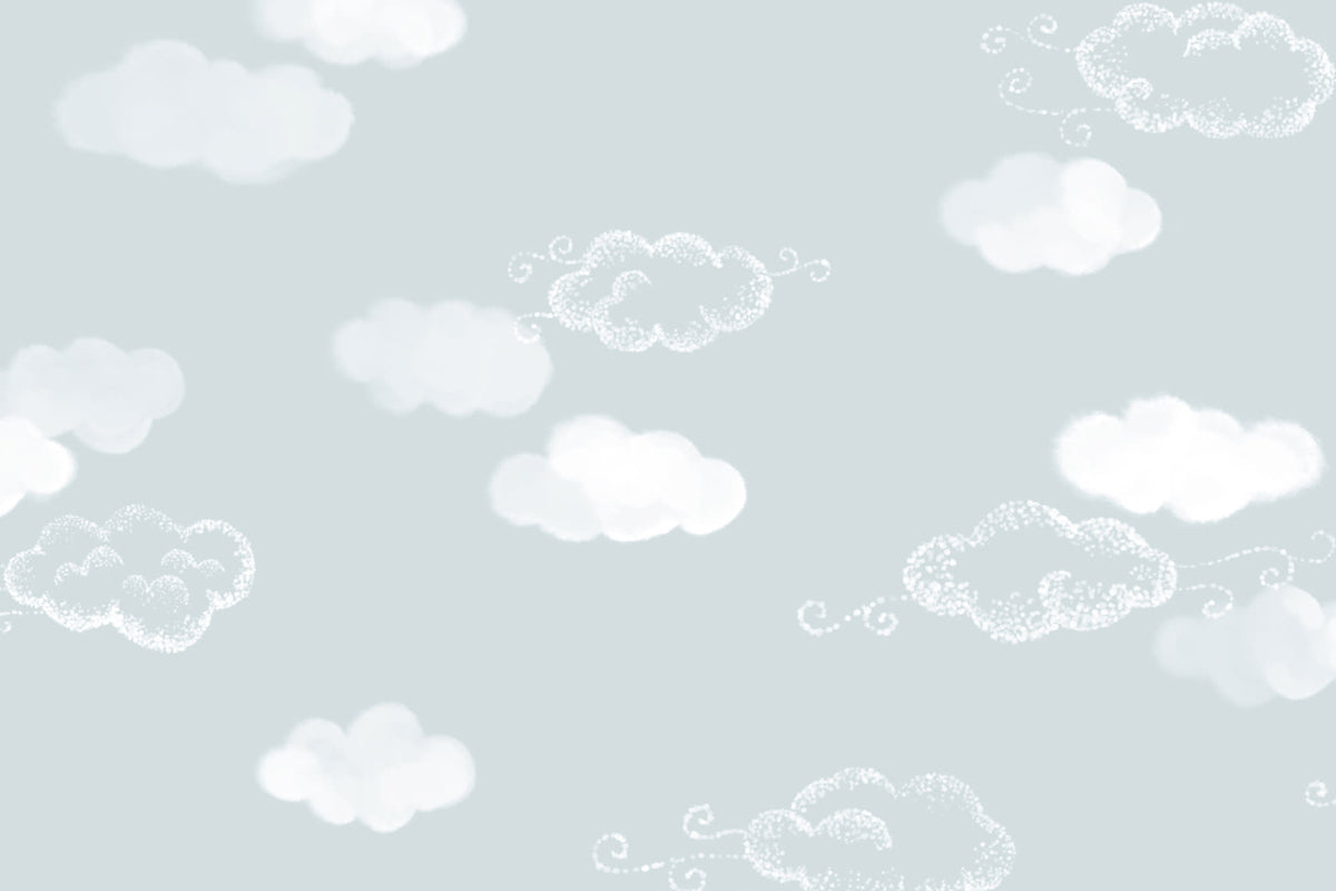 Flat pattern view of The Drifting Cloud wallpaper in pale sky blue, showing the watercolour clouds