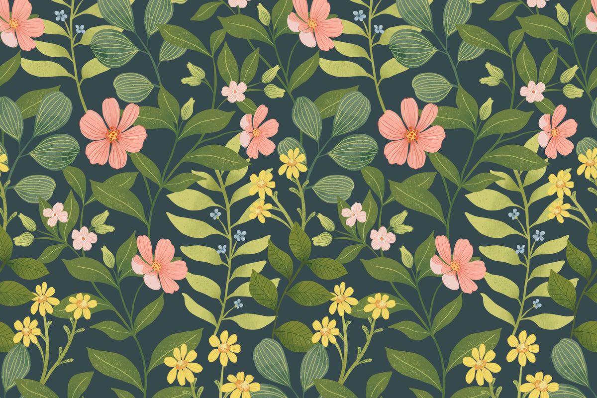 Flat pattern view of The Dusk Rosarium wallpaper in forest green and blush, showing the blush flowers on a dark ground