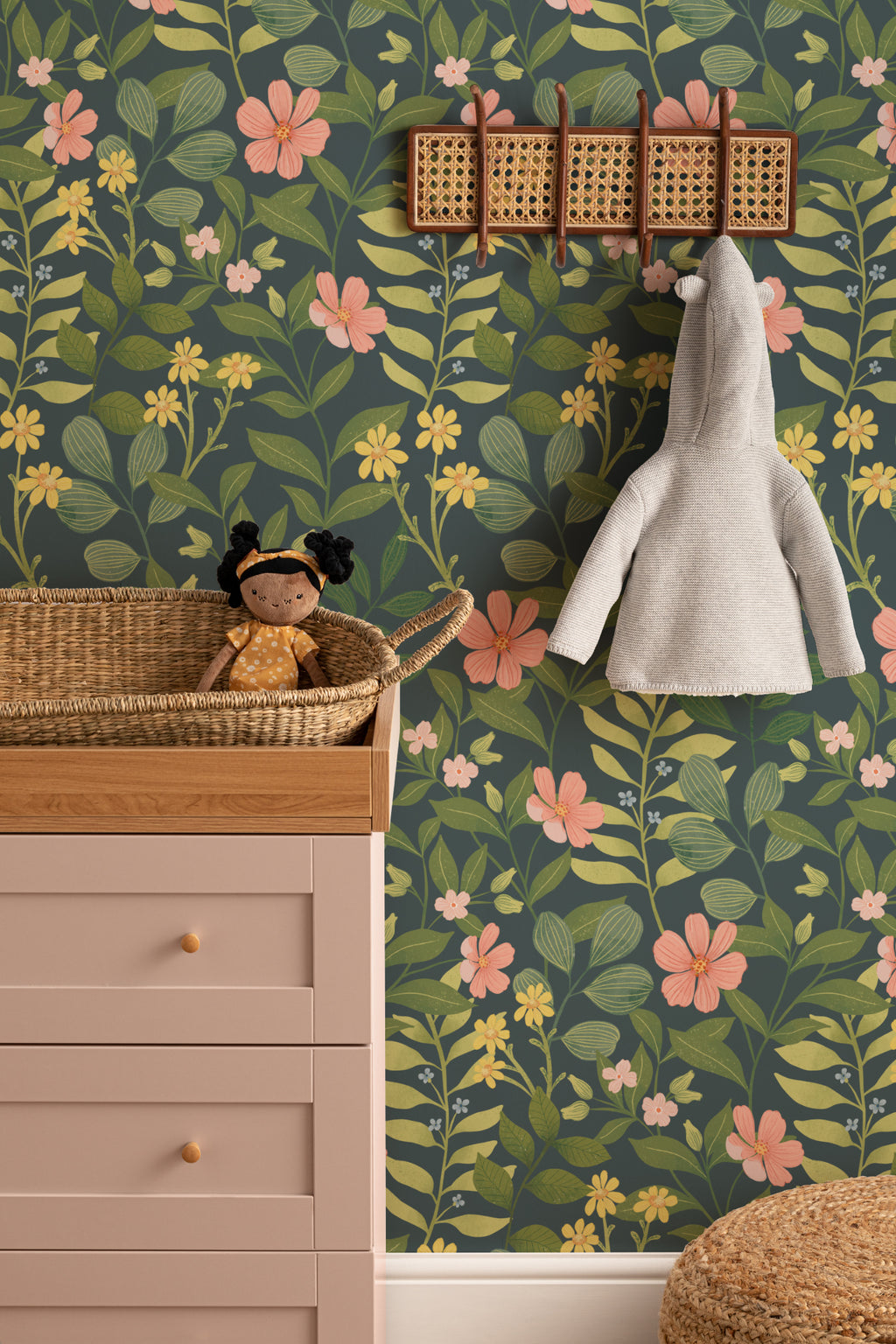 The Dusk Rosarium wallpaper in forest green and blush in an entryway