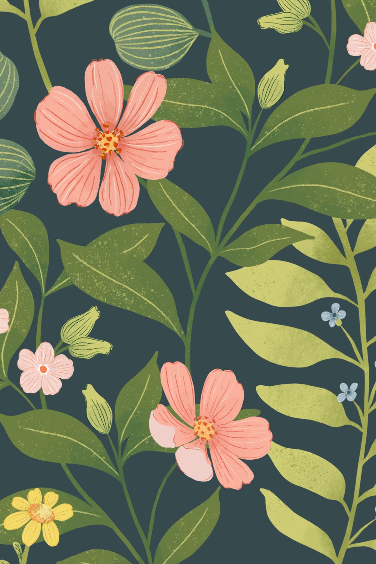 Close-up of The Dusk Rosarium wallpaper in forest green and blush showing the blush flowers on a dark ground in detail