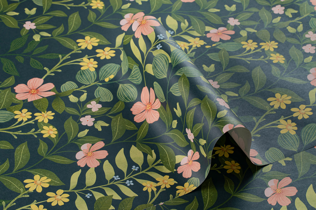 Roll of The Dusk Rosarium wallpaper in forest green and blush