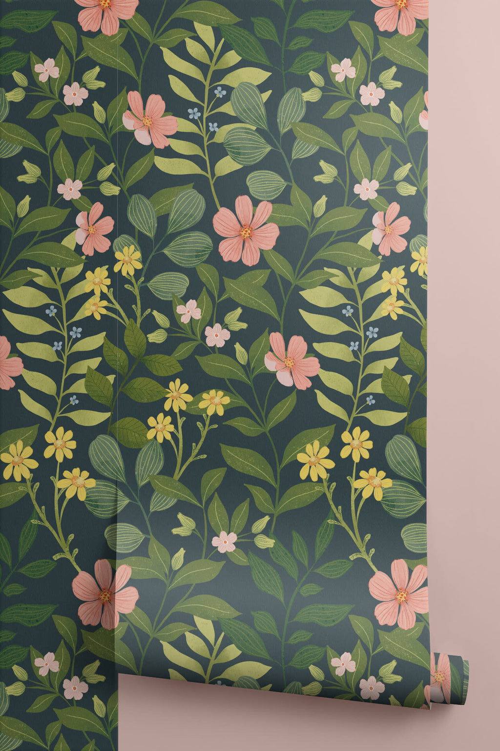 Roll of The Dusk Rosarium wallpaper in forest green and blush, another angle