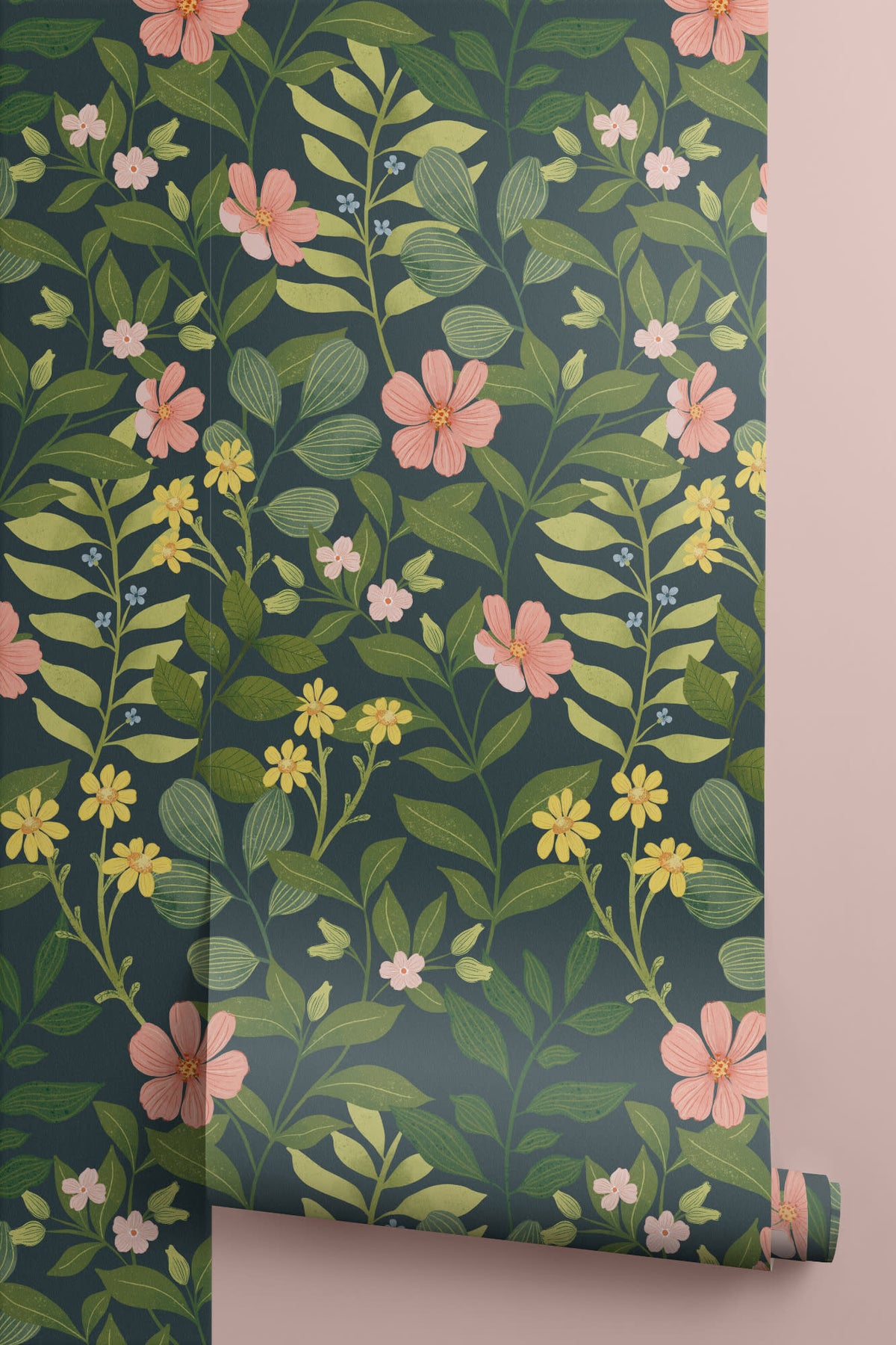 Roll of The Dusk Rosarium wallpaper in forest green and blush, another angle