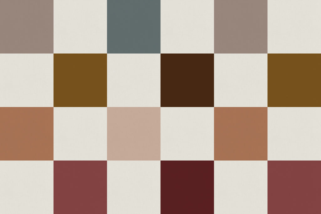 Full artwork view of The Earthen Patchwork mural in clay and chocolate, showing earth-tone patchwork chequer