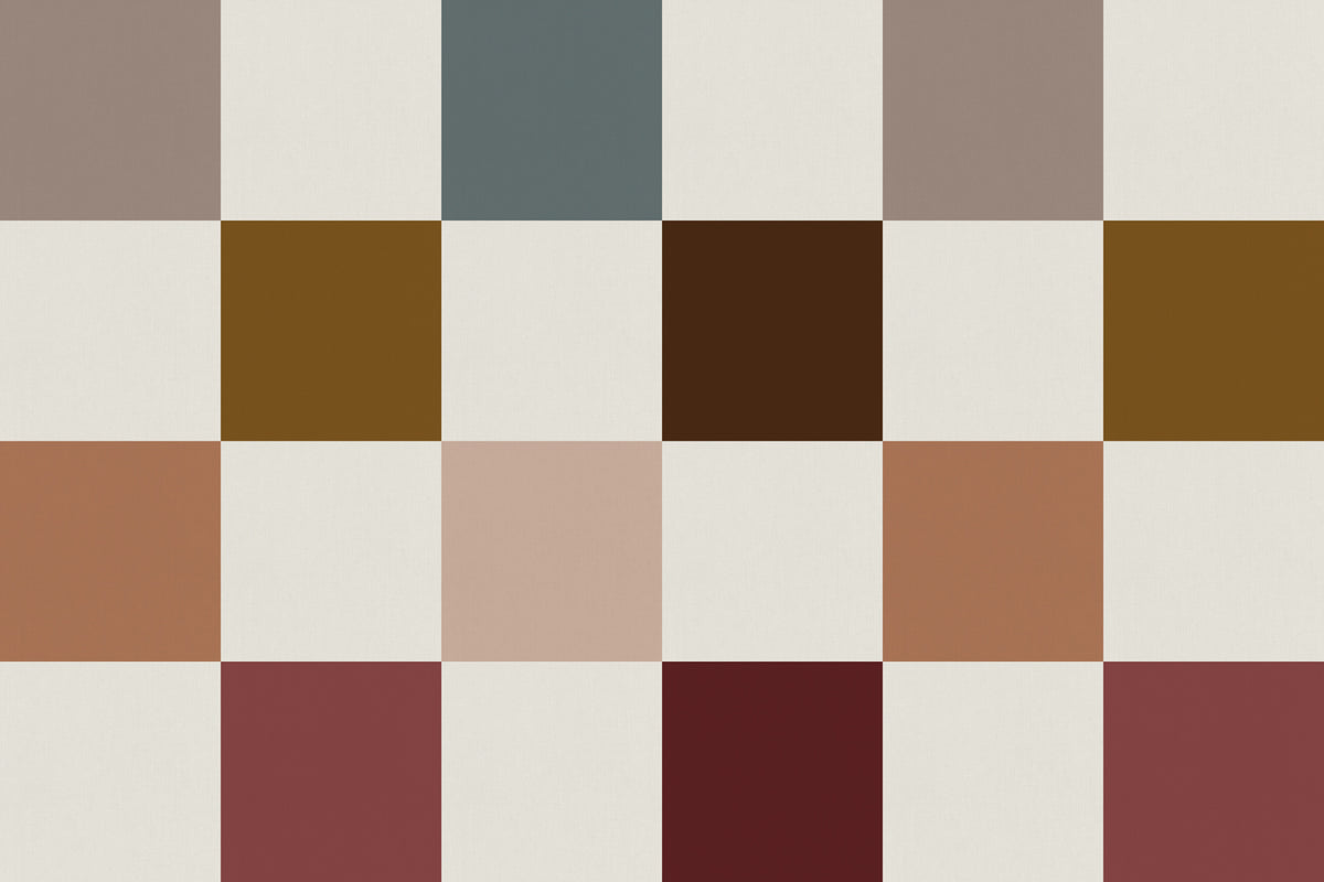 Full artwork view of The Earthen Patchwork mural in clay and chocolate, showing earth-tone patchwork chequer
