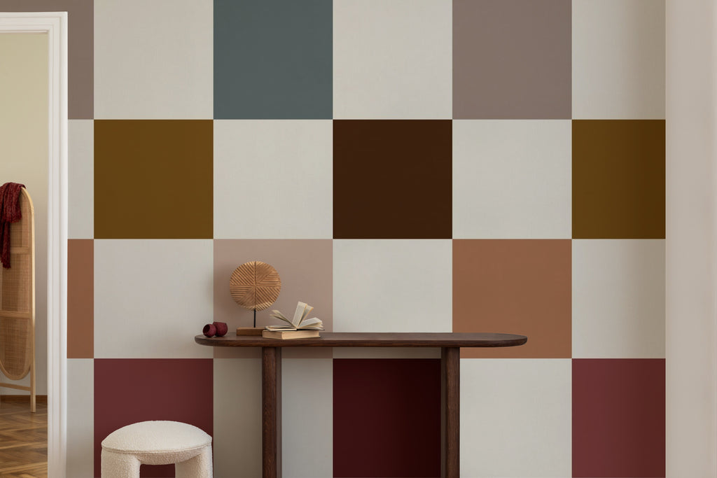 Angled detail of The Earthen Patchwork mural in clay and chocolate