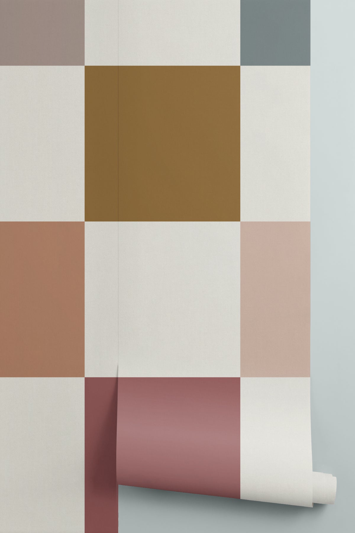Rolled panel of The Earthen Patchwork mural in clay and chocolate