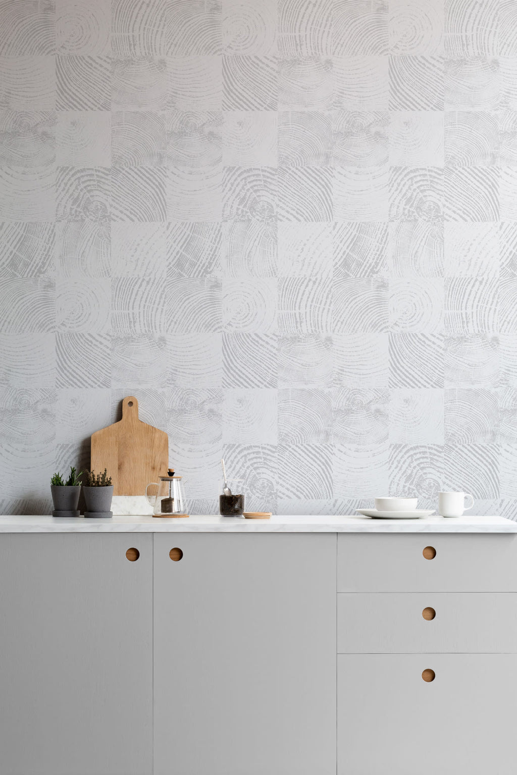The Endgrain Lodge wallpaper in ash grey in a kitchen