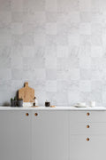 The Endgrain Lodge wallpaper in ash grey in a kitchen