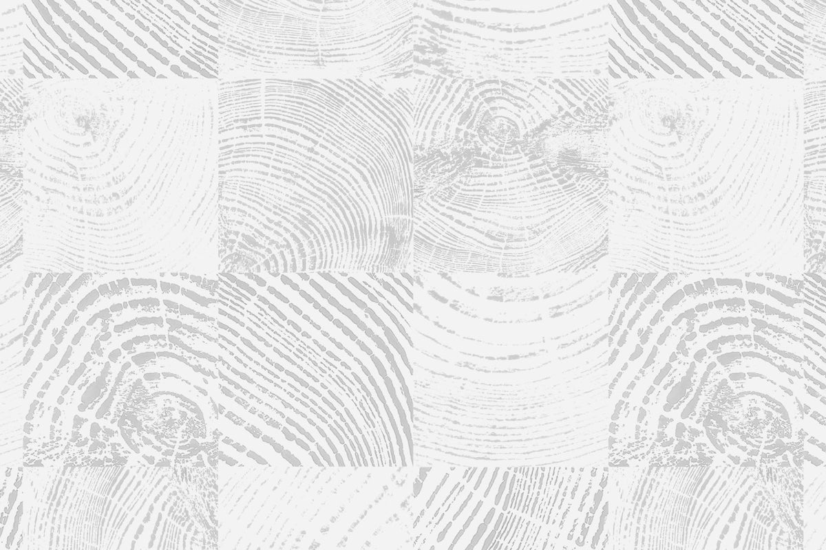 Flat pattern view of The Endgrain Lodge wallpaper in ash grey, showing the timber end grain blocks