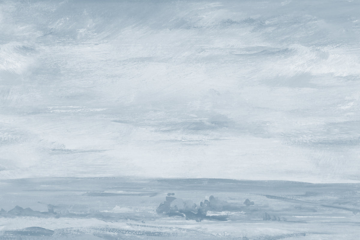 Full artwork view of The Estuary Reverie mural in hazy blue, showing painted clouds over a calm sea
