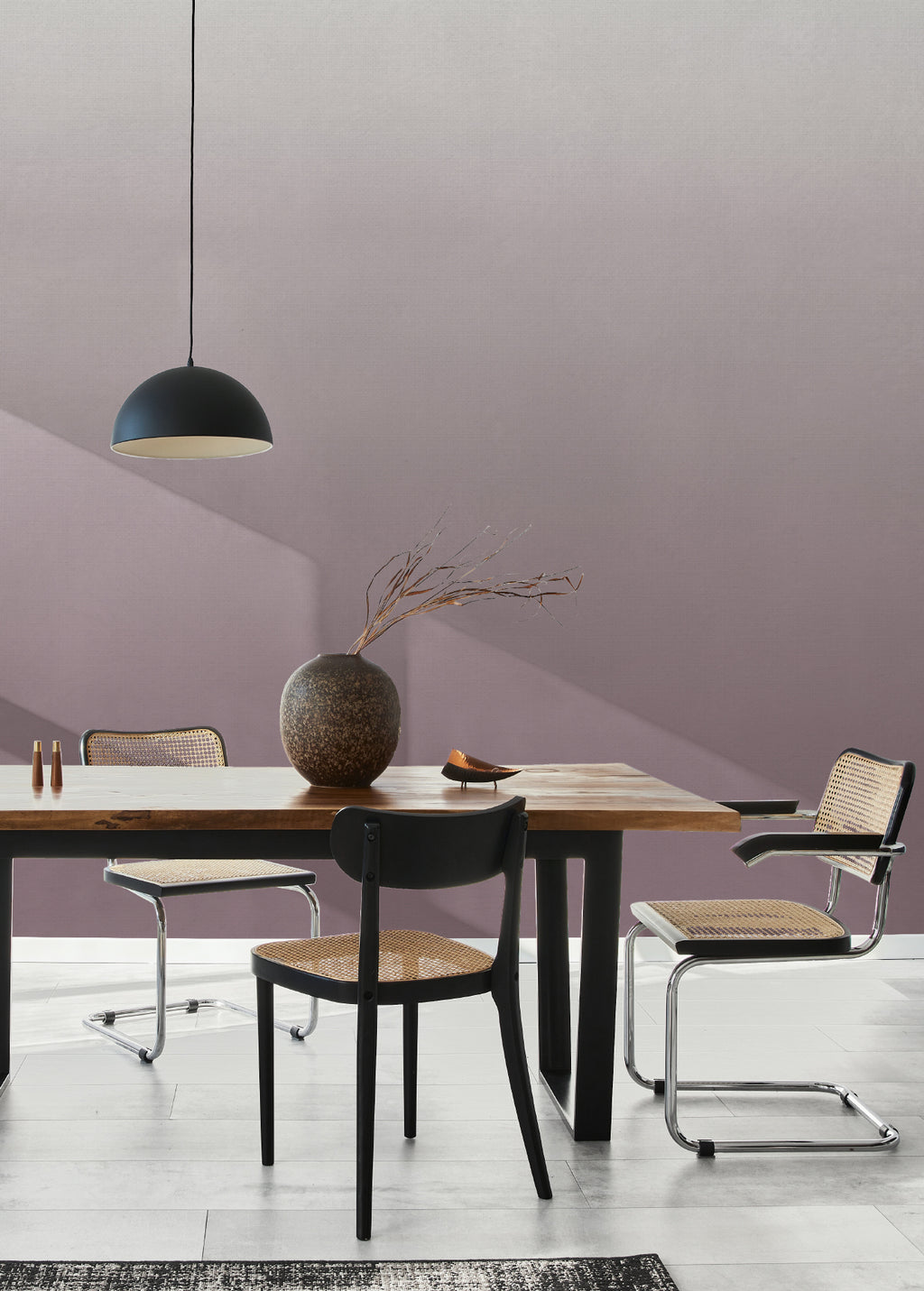 The Evening Veil mural in deep plum behind a dining table