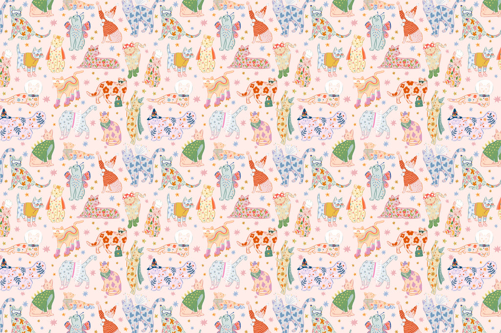 Full artwork view of The Feline Wardrobe mural in candy pink, showing dressed-up cats