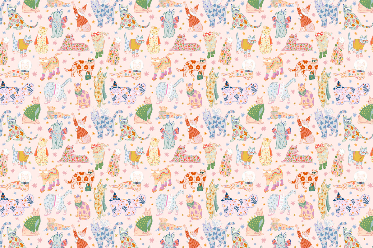 Full artwork view of The Feline Wardrobe mural in candy pink, showing dressed-up cats