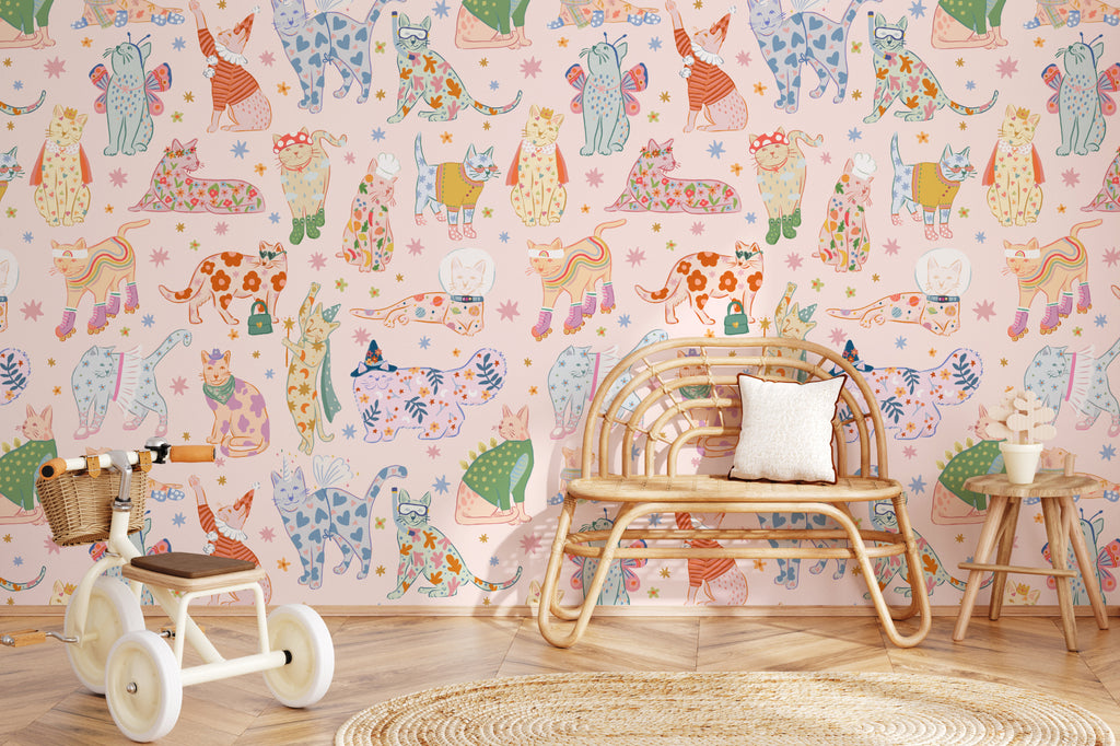 The Feline Wardrobe mural in candy pink in a child's bedroom