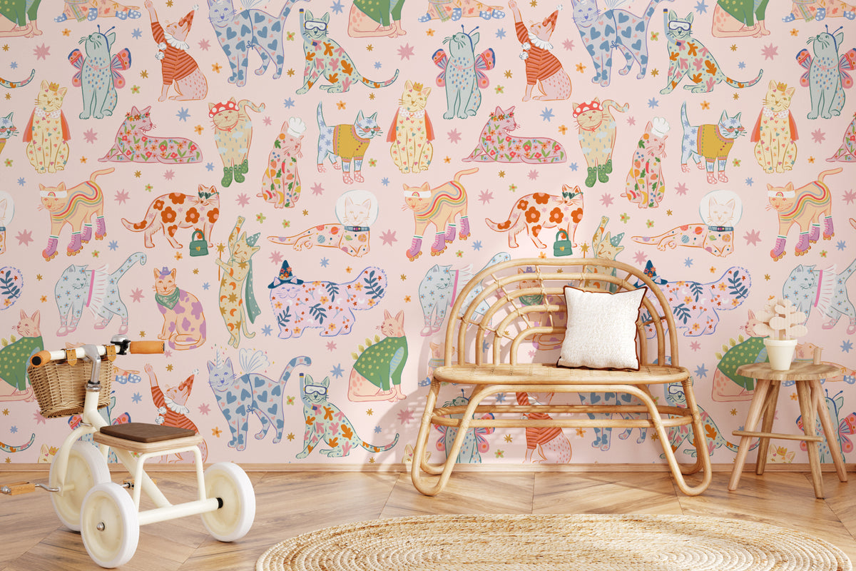 The Feline Wardrobe mural in candy pink in a child's bedroom
