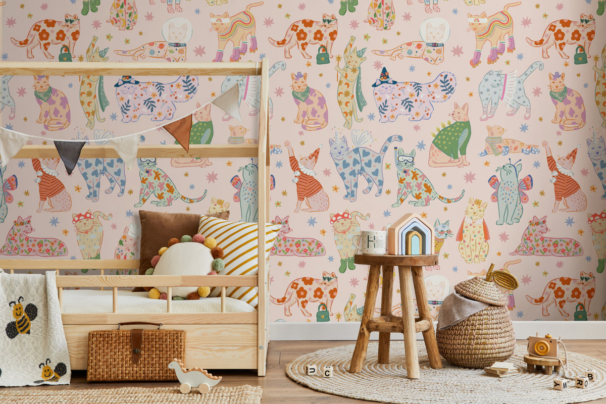 The Feline Wardrobe mural in candy pink in a children's room setting