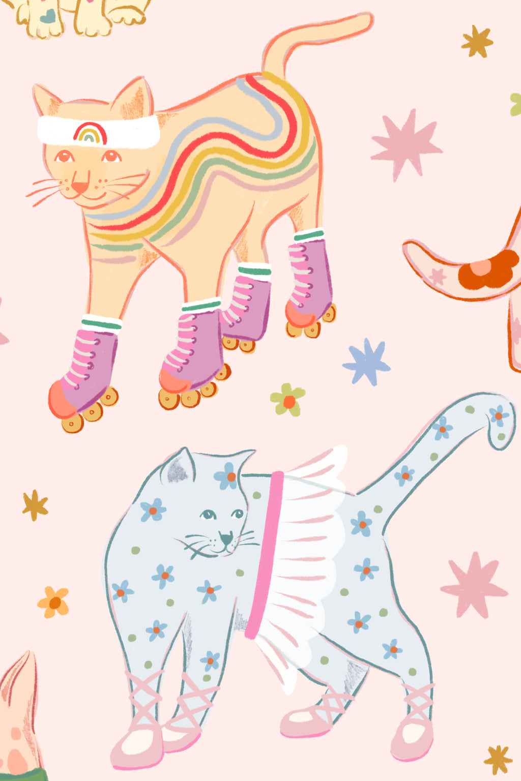 Close-up of The Feline Wardrobe mural in candy pink showing the dressed-up cats in detail