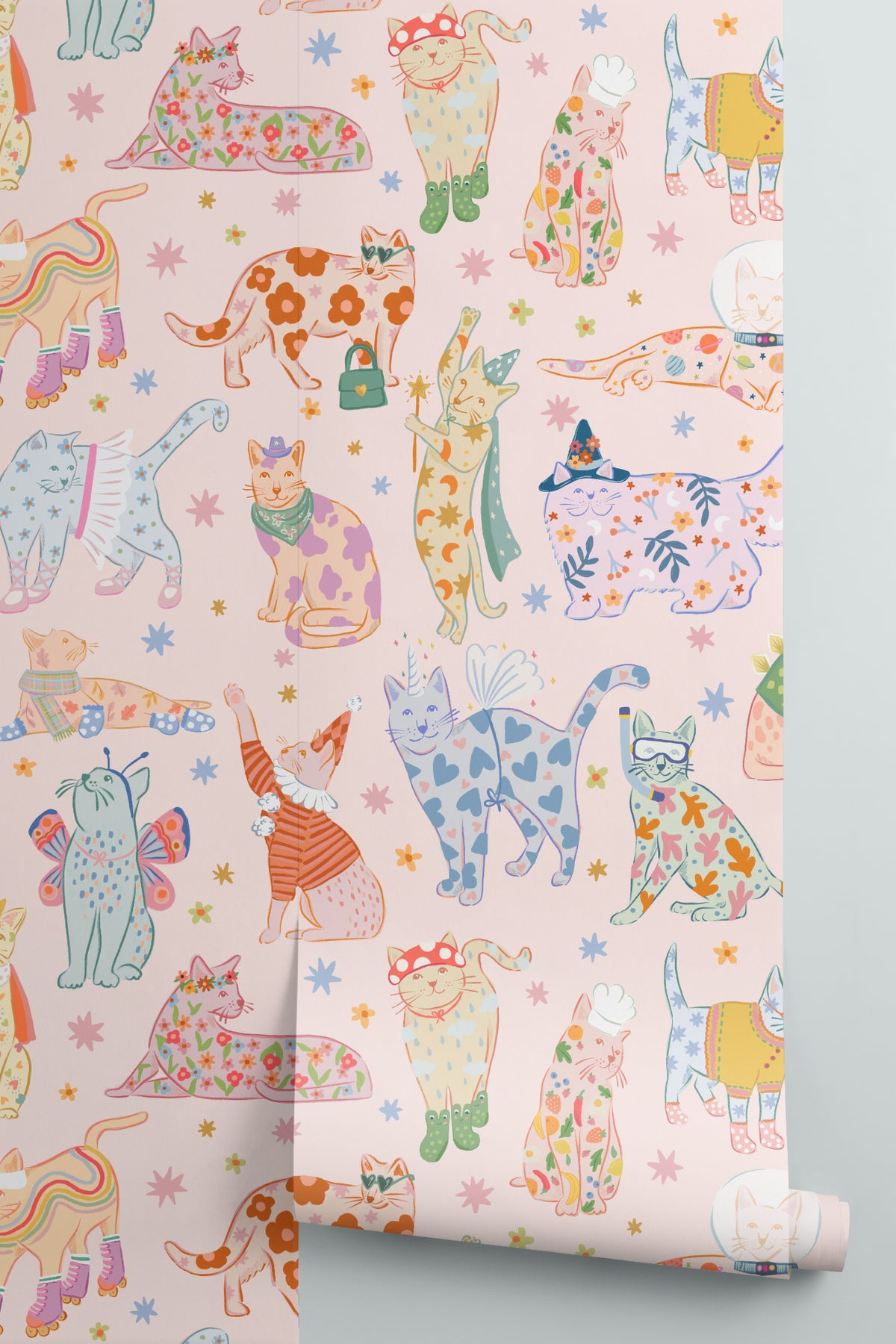 Rolled panel of The Feline Wardrobe mural in candy pink