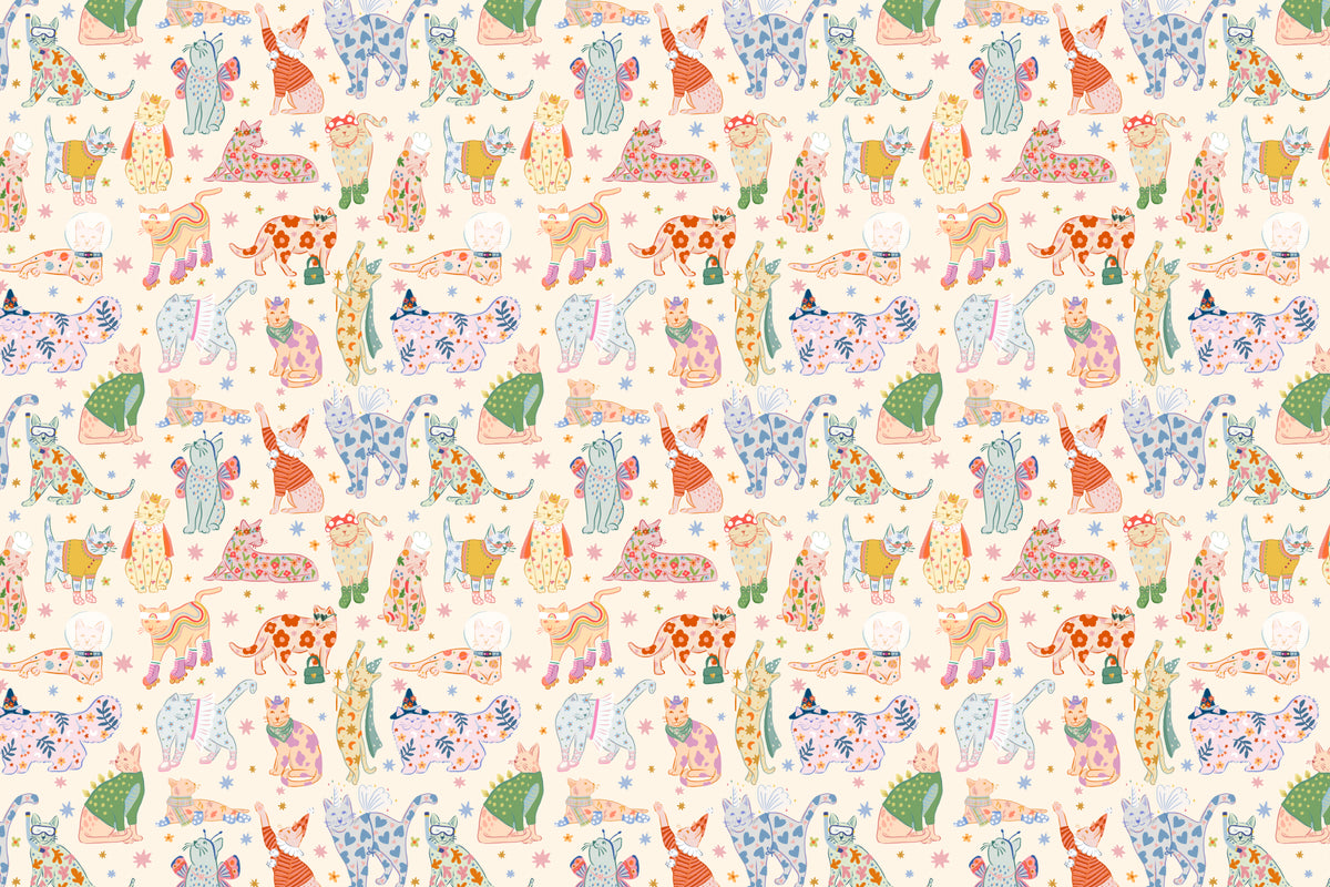 Full artwork view of The Feline Wardrobe mural in sherbet pastel, showing dressed-up cats