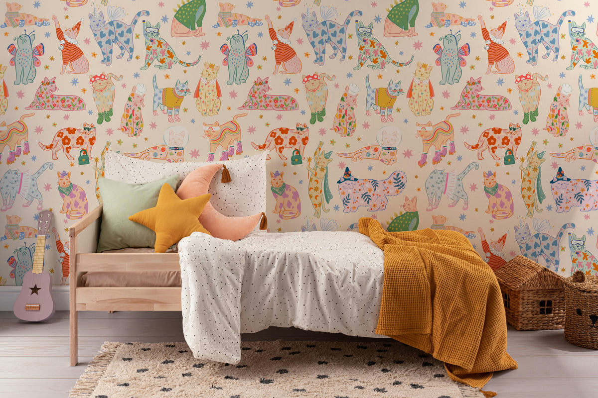 The Feline Wardrobe mural in sherbet pastel in a child's bedroom