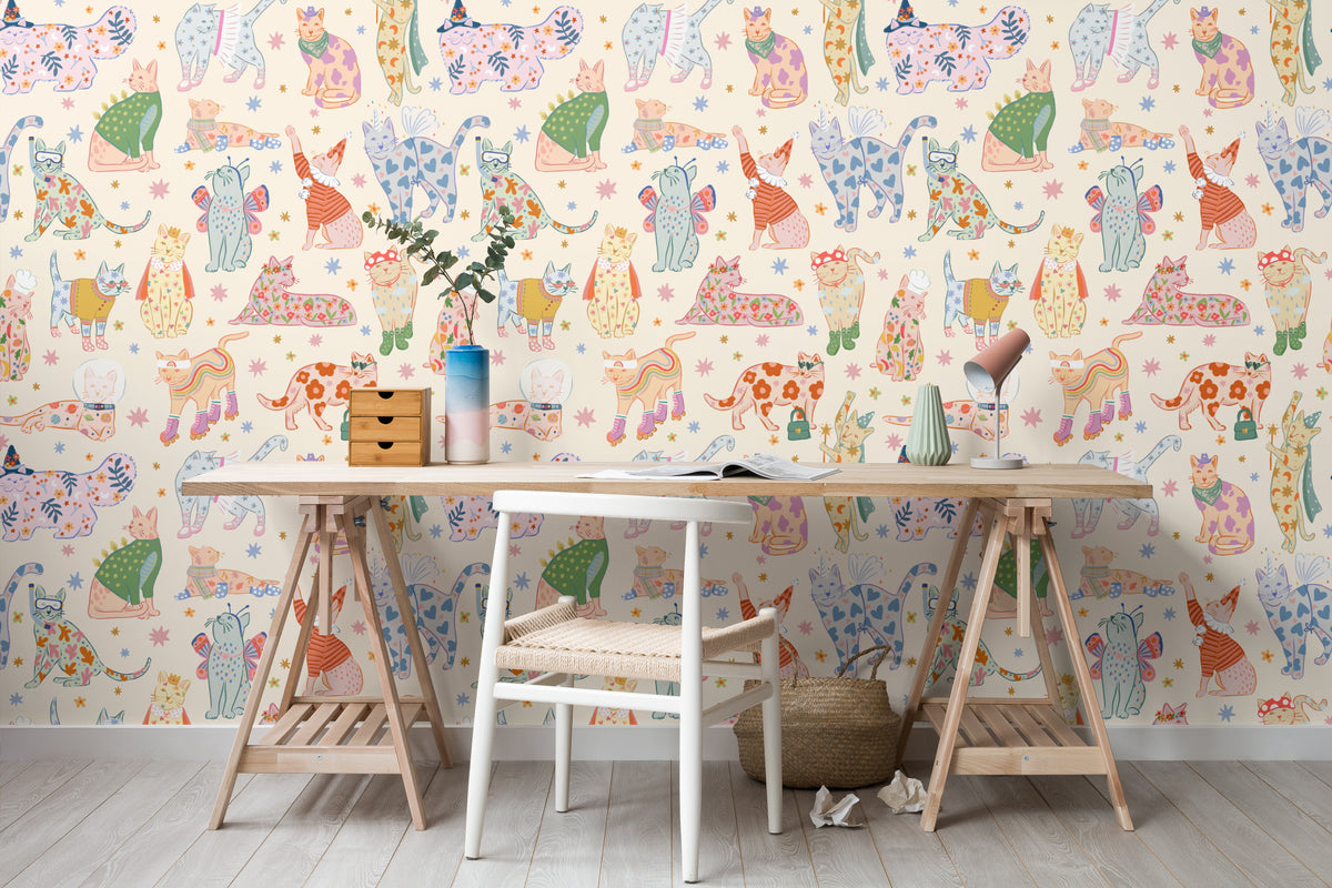 The Feline Wardrobe mural in sherbet pastel in a children's room setting