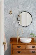 The Fernery Study wallpaper in duck egg blue in a bathroom