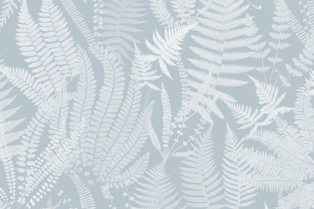 Flat pattern view of The Fernery Study wallpaper in duck egg blue, showing the layered fern fronds