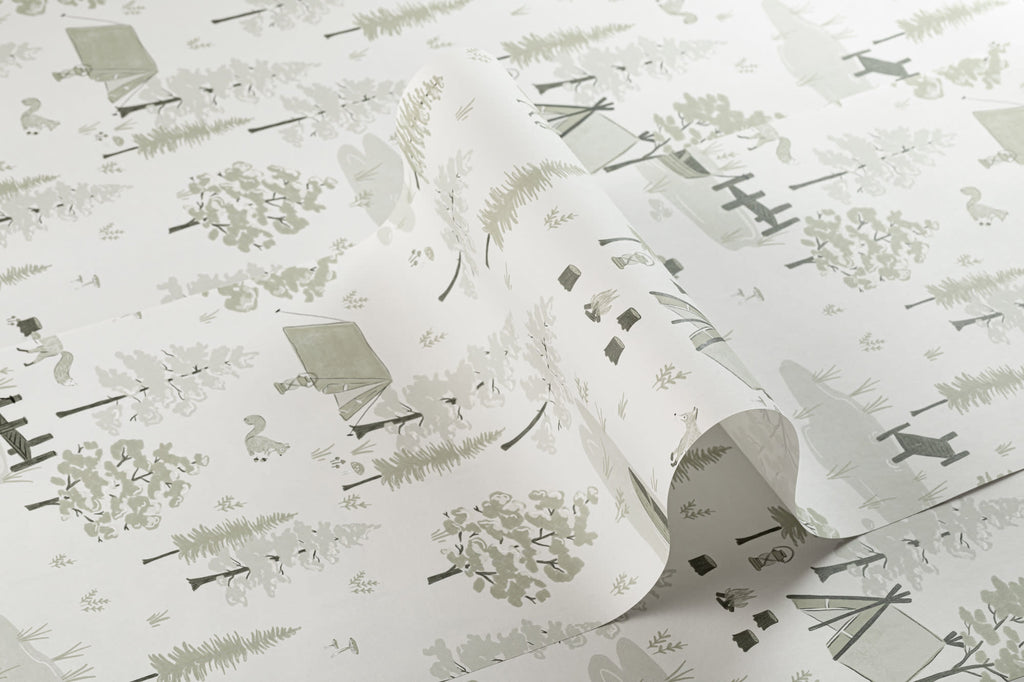 Roll of The Firelight Woods wallpaper in sage green