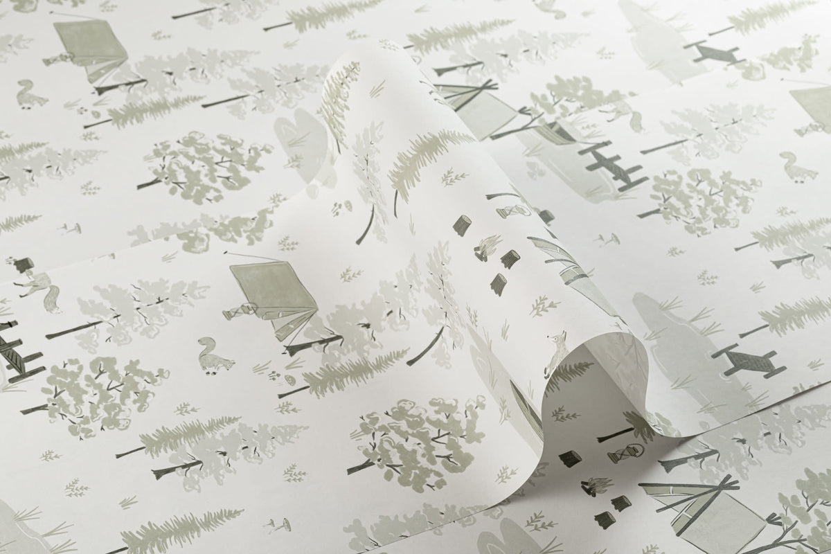 Roll of The Firelight Woods wallpaper in sage green
