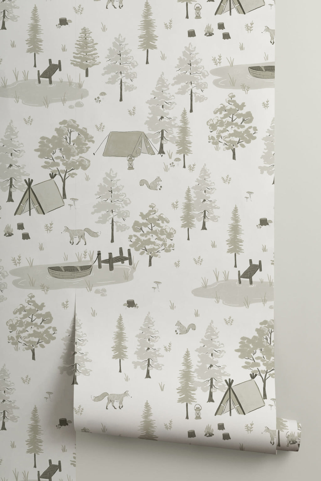 Roll of The Firelight Woods wallpaper in sage green, another angle