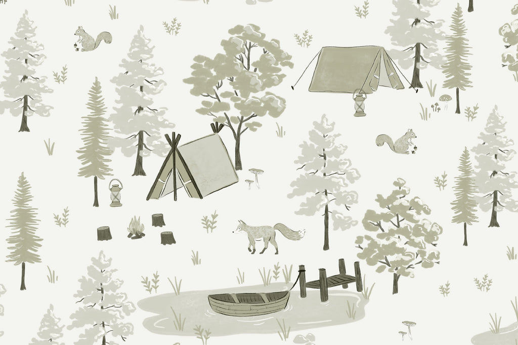 Flat pattern view of The Firelight Woods wallpaper in sage green, showing the woodland tents and foxes
