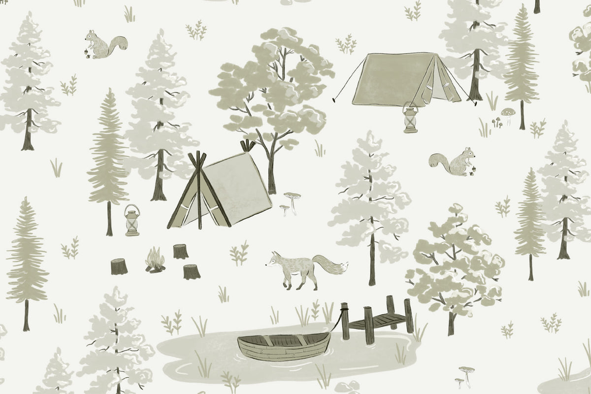 Flat pattern view of The Firelight Woods wallpaper in sage green, showing the woodland tents and foxes