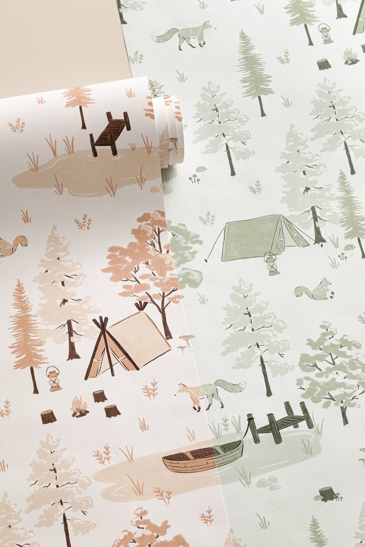 The Firelight Woods wallpaper in sage green shown in a close, angled view