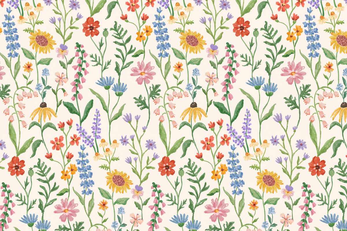 Full artwork view of The Flower Almanac mural in cornflower and poppy, showing densely gathered wildflowers