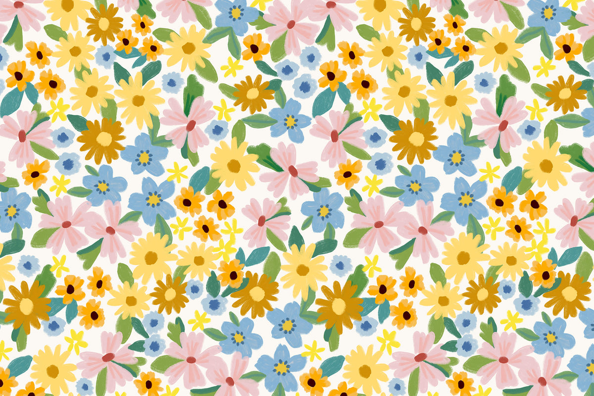Flat pattern view of The Flower Market wallpaper in sunshine yellow, showing the tightly packed bright flowers