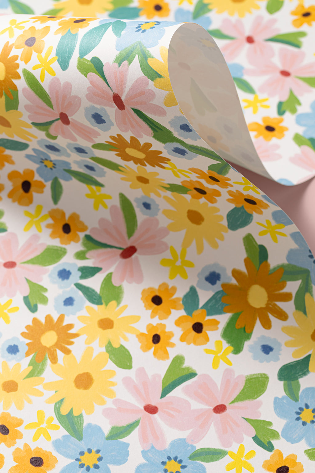 Angled detail of The Flower Market wallpaper in sunshine yellow