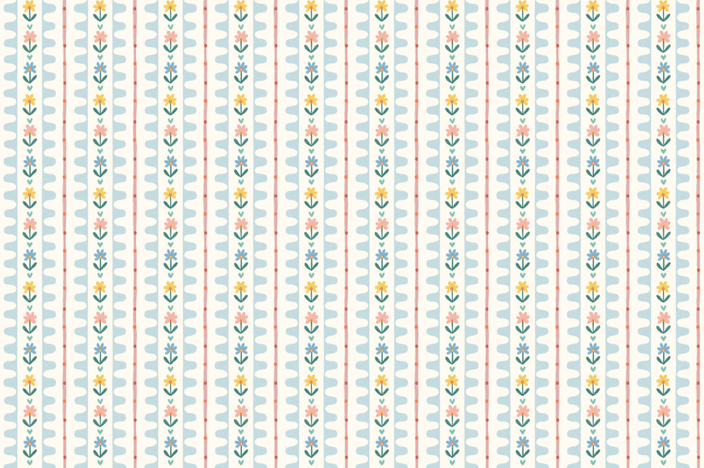 Full artwork view of The Folk Garland mural in sky blue and buttercup, showing rows of tiny folk flowers