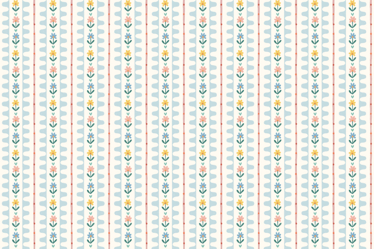 Full artwork view of The Folk Garland mural in sky blue and buttercup, showing rows of tiny folk flowers