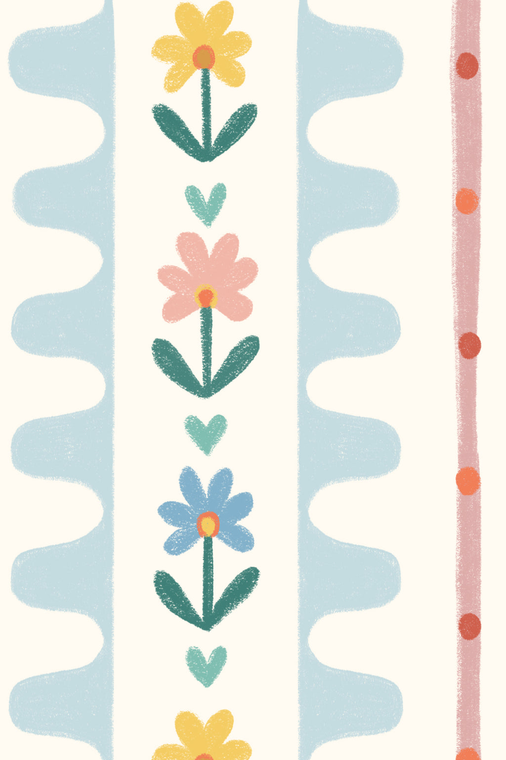 Close-up of The Folk Garland mural in sky blue and buttercup showing the rows of tiny folk flowers in detail