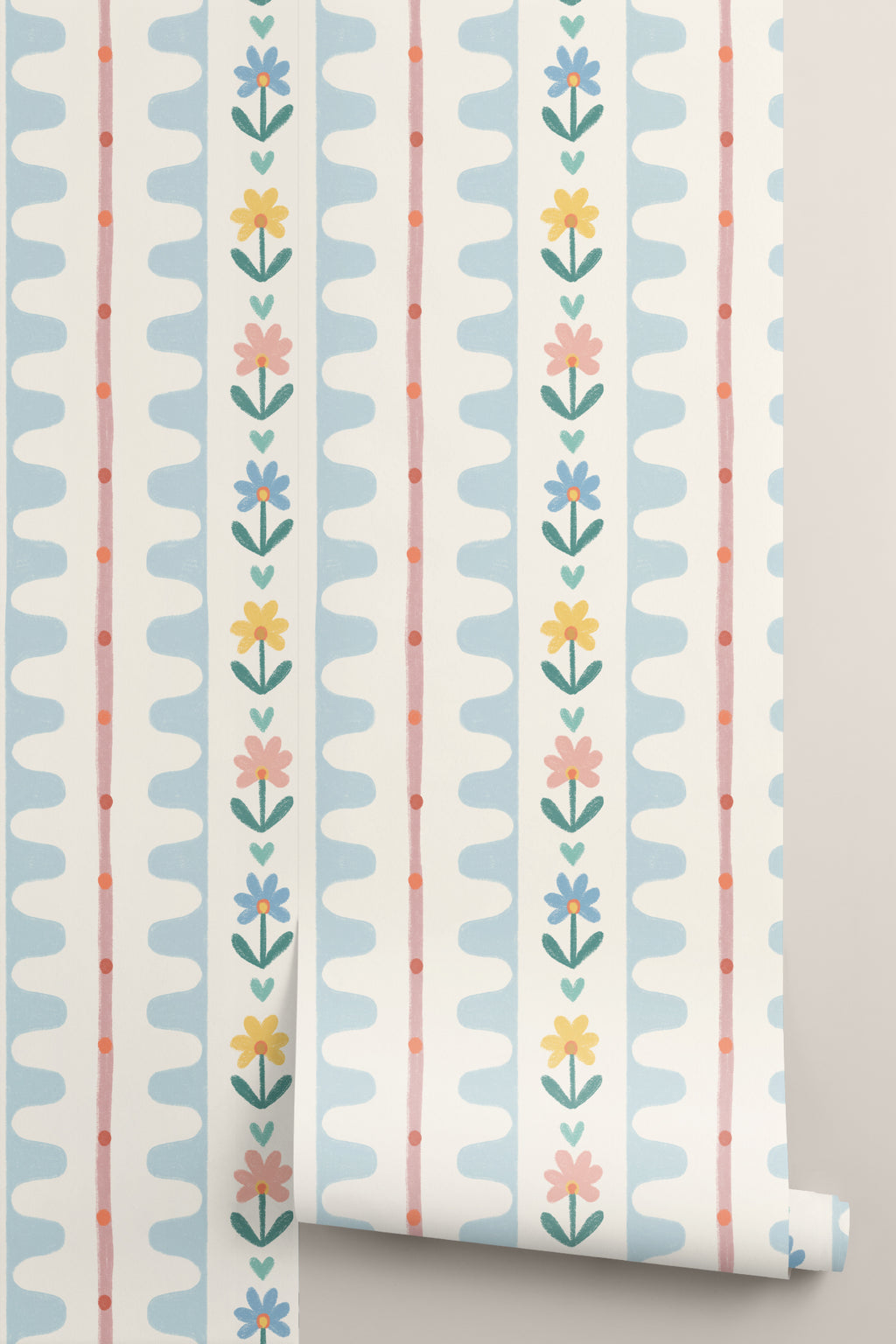 Rolled panel of The Folk Garland mural in sky blue and buttercup
