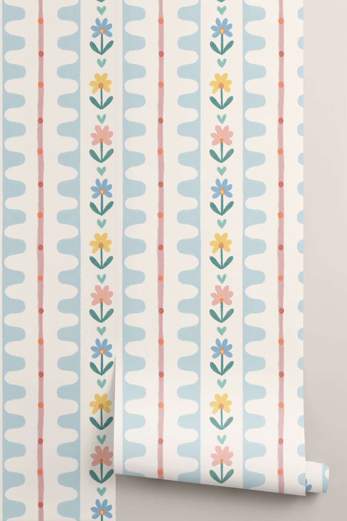 Rolled panel of The Folk Garland mural in sky blue and buttercup