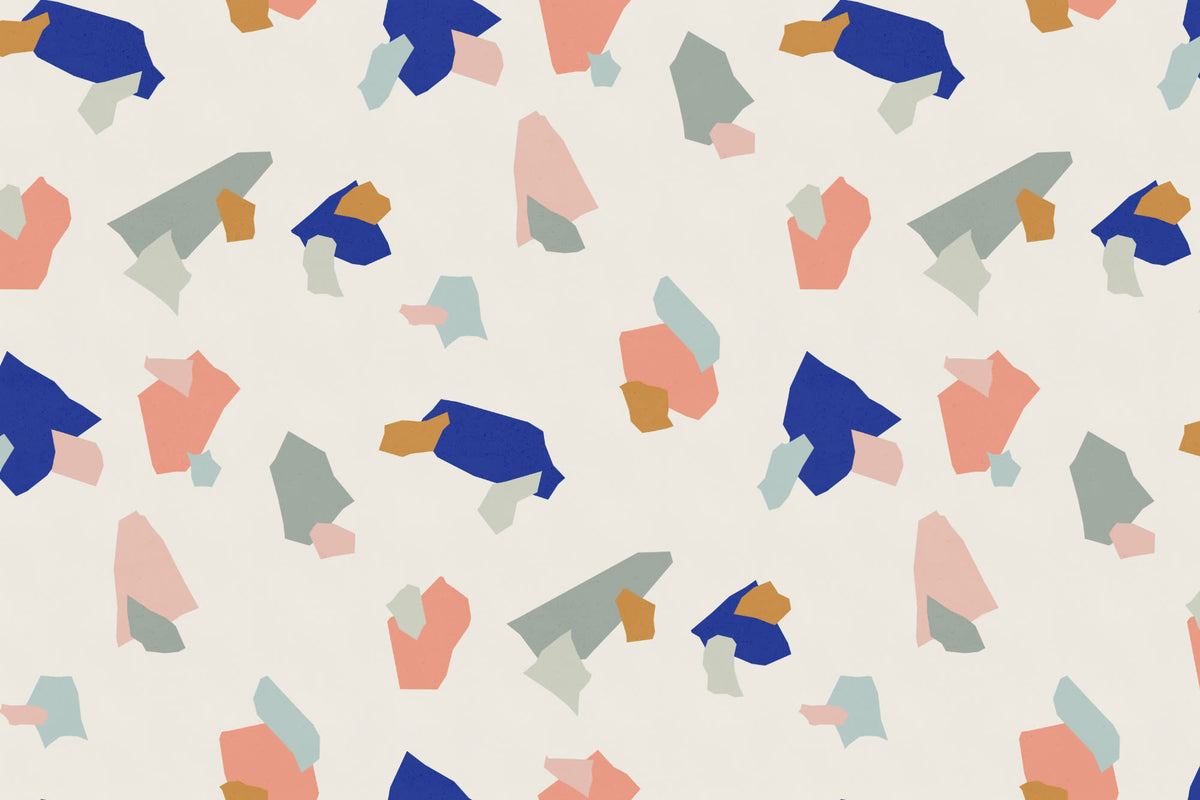 Full artwork view of The Gallery Terrazzo mural in cobalt and coral, showing chunky terrazzo chips