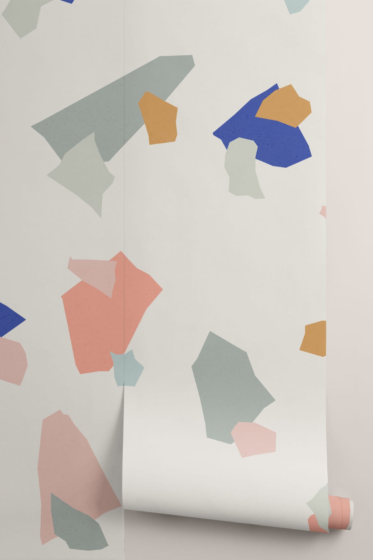 Rolled panel of The Gallery Terrazzo mural in cobalt and coral