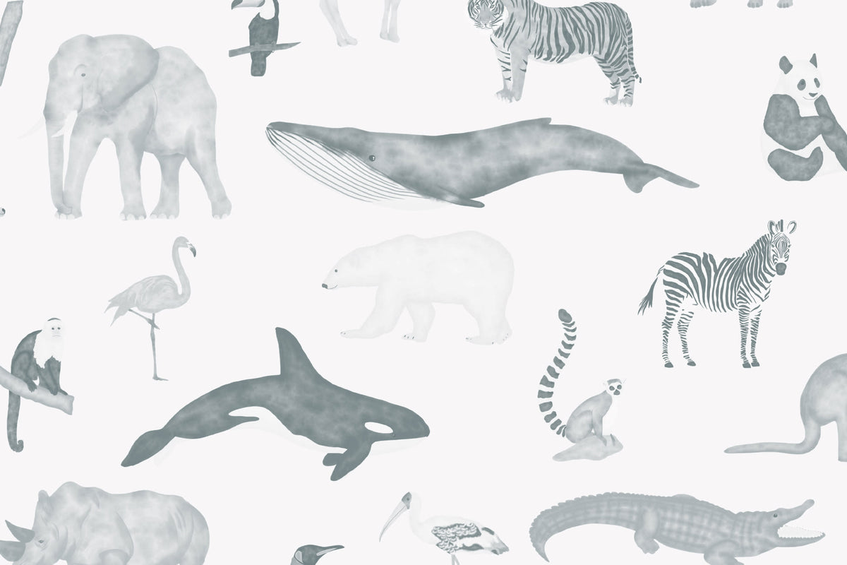 Flat pattern view of The Gentle Menagerie wallpaper in misty blue, showing the watercolour animals