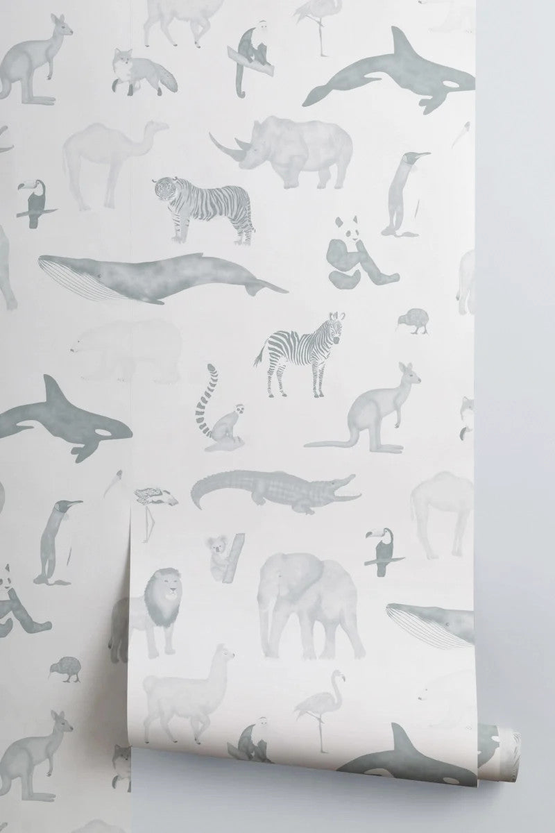 Roll of The Gentle Menagerie wallpaper in misty blue, another angle