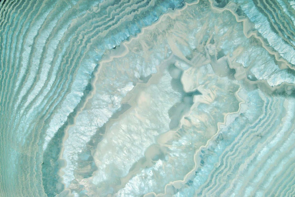 Full artwork view of The Geode Salon mural in aquamarine, showing sliced agate crystal bands