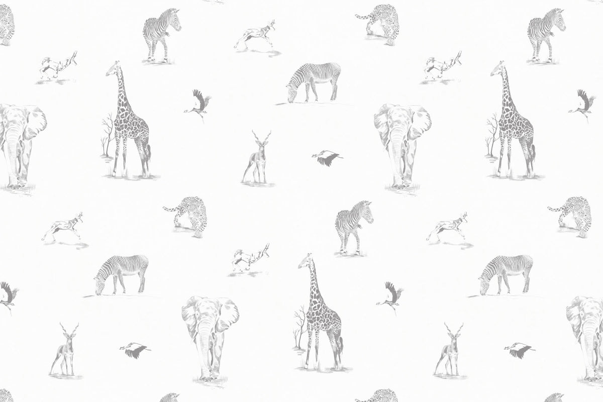 Flat pattern view of The Grassland Expedition wallpaper in dove grey and white, showing the sketched safari animals