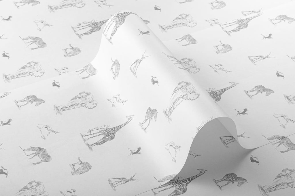Roll of The Grassland Expedition wallpaper in dove grey and white